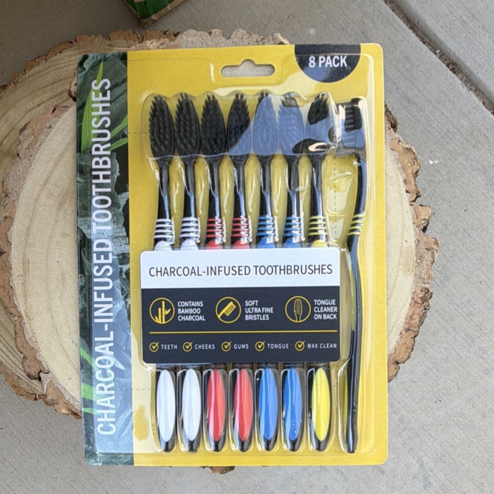 Seven Brands Group Charcoal-Infused Toothbrushes 8 Pack Soft Bristles Tongue Cl…